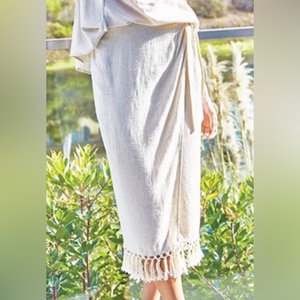 Linen Faux Wrap Skirt Fringe Tassel Matching Set